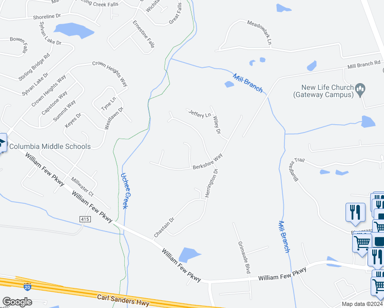 map of restaurants, bars, coffee shops, grocery stores, and more near 259 Wentworth Place in Grovetown