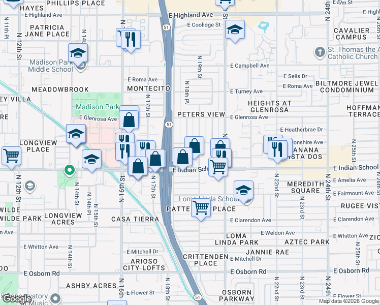 map of restaurants, bars, coffee shops, grocery stores, and more near 4127 North 18th Place in Phoenix