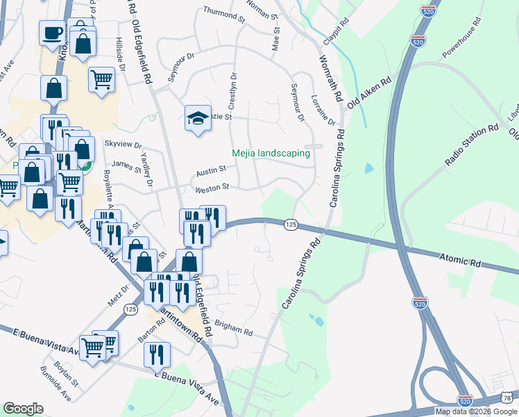 map of restaurants, bars, coffee shops, grocery stores, and more near 620 Hutchinson Drive in North Augusta