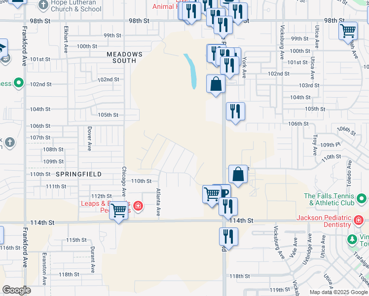 map of restaurants, bars, coffee shops, grocery stores, and more near 105th Street in Lubbock