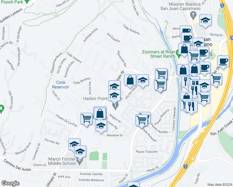 map of restaurants, bars, coffee shops, grocery stores, and more near 26142 Via De Toledo in San Juan Capistrano