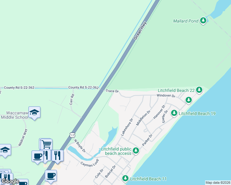 map of restaurants, bars, coffee shops, grocery stores, and more near 8 Sandlapper Way in Pawleys Island