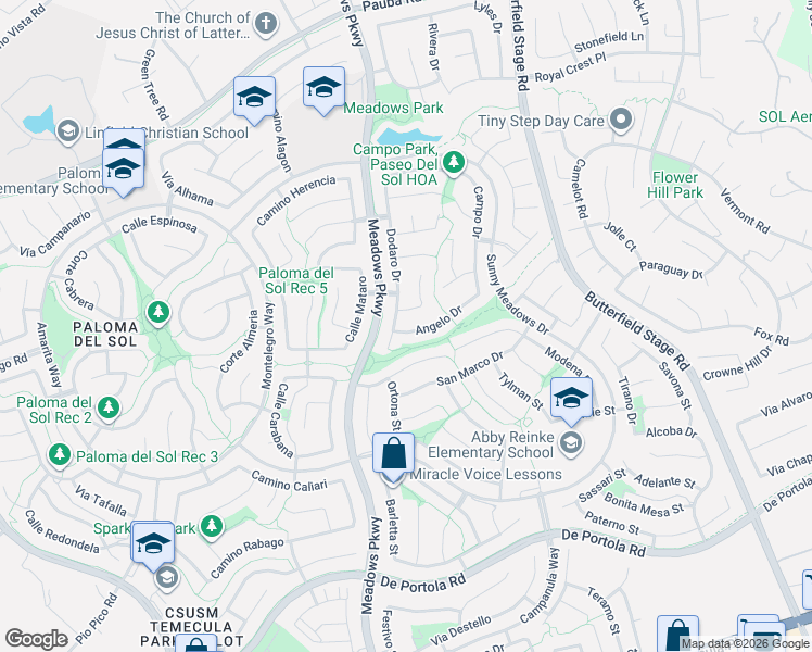 map of restaurants, bars, coffee shops, grocery stores, and more near 32432 Angelo Drive in Temecula