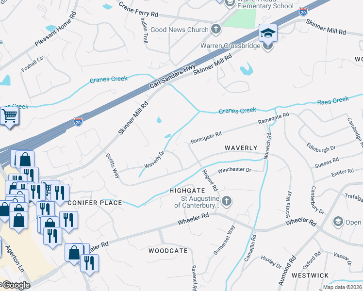 map of restaurants, bars, coffee shops, grocery stores, and more near 3249 Ramsgate Road in Augusta
