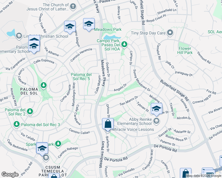 map of restaurants, bars, coffee shops, grocery stores, and more near 32432 Angelo Drive in Temecula