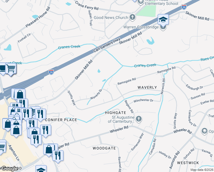map of restaurants, bars, coffee shops, grocery stores, and more near 443 Waverly Drive in Augusta