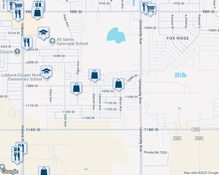 map of restaurants, bars, coffee shops, grocery stores, and more near 10705 Canton Avenue in Lubbock
