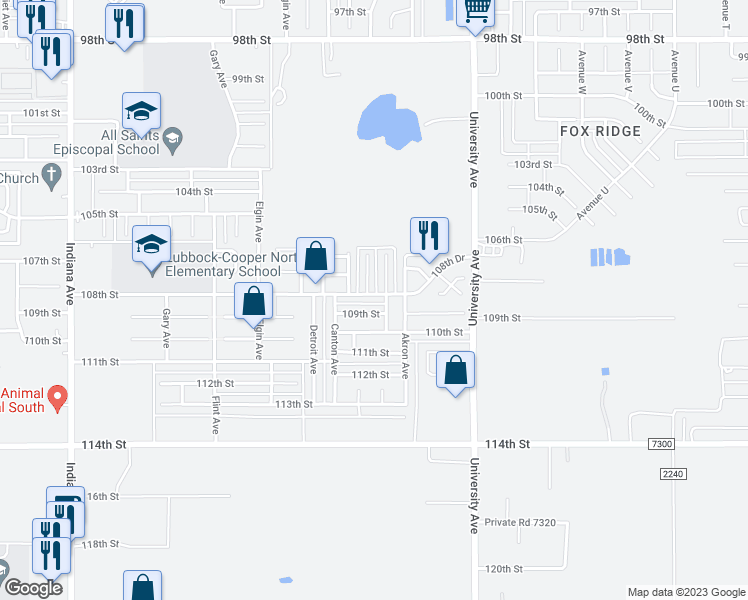 map of restaurants, bars, coffee shops, grocery stores, and more near 2705 108th Street in Lubbock