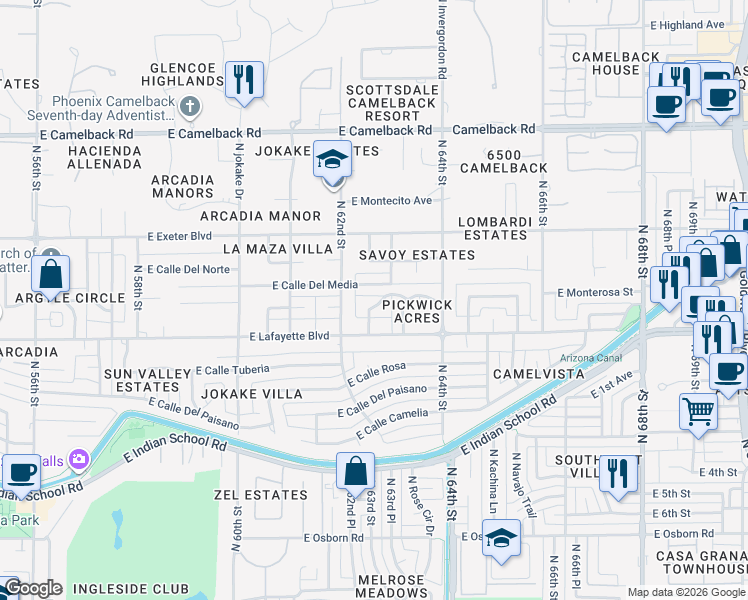 map of restaurants, bars, coffee shops, grocery stores, and more near 6221 East Calle Del Media in Scottsdale