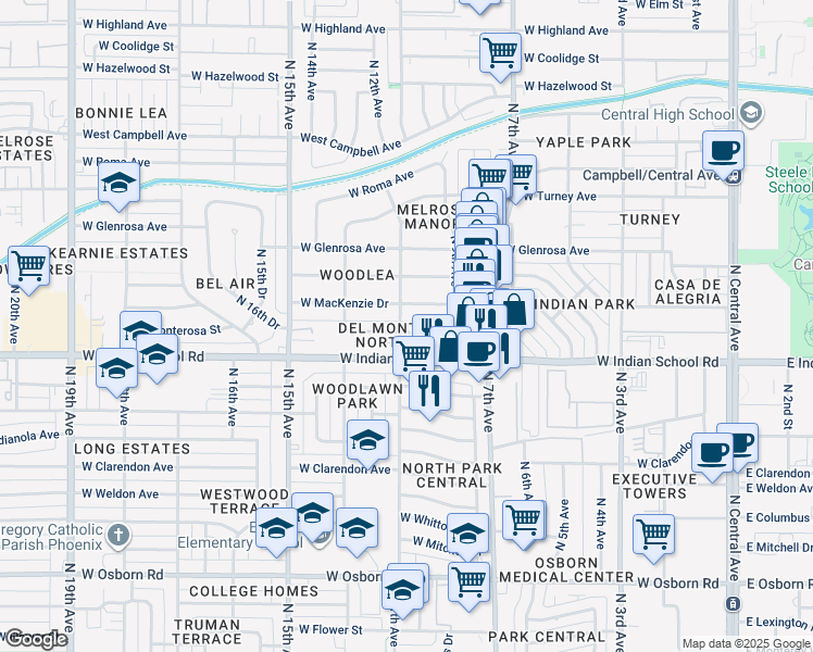 map of restaurants, bars, coffee shops, grocery stores, and more near 911 West Mackenzie Drive in Phoenix