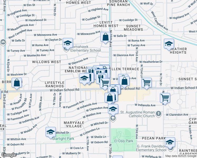 map of restaurants, bars, coffee shops, grocery stores, and more near 7544 West Indian School Road in Phoenix