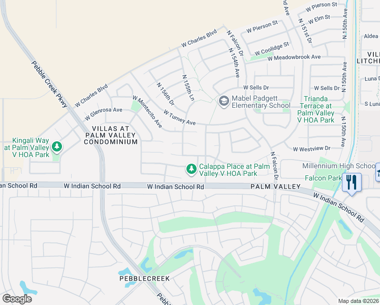 map of restaurants, bars, coffee shops, grocery stores, and more near 15575 West Westview Drive in Goodyear