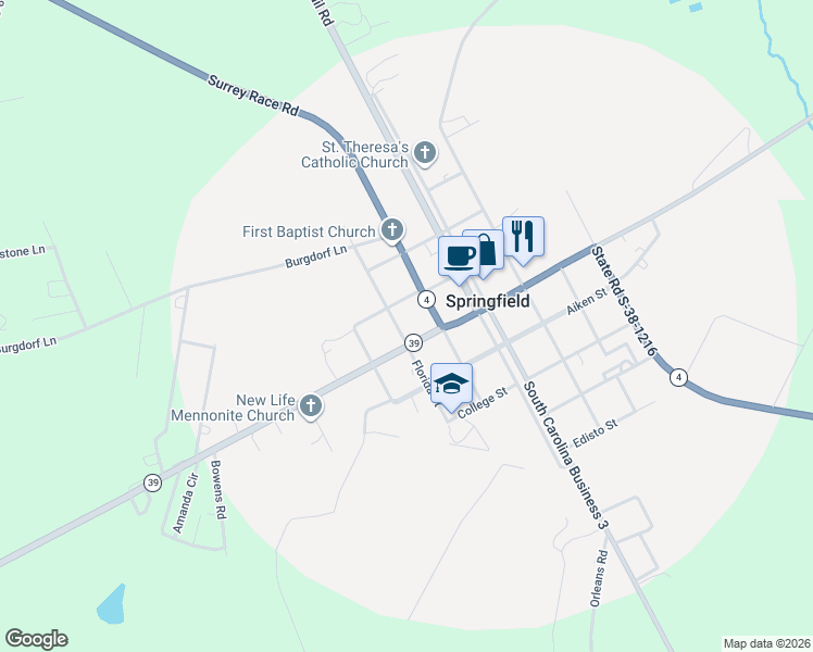 map of restaurants, bars, coffee shops, grocery stores, and more near 3612 Surrey Race Road in Springfield