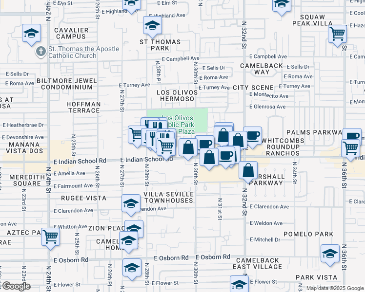 map of restaurants, bars, coffee shops, grocery stores, and more near 2912 East Indian School Road in Phoenix
