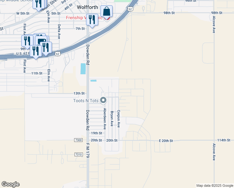 map of restaurants, bars, coffee shops, grocery stores, and more near 1313 Corpus Ave in Wolfforth