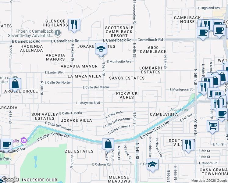 map of restaurants, bars, coffee shops, grocery stores, and more near 6221 East Calle Del Media in Scottsdale