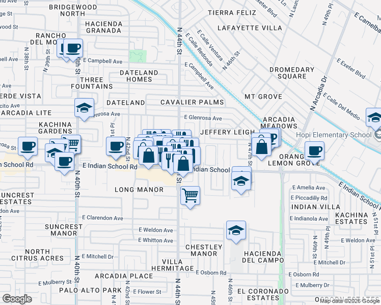 map of restaurants, bars, coffee shops, grocery stores, and more near 4432 East Monterosa Street in Phoenix