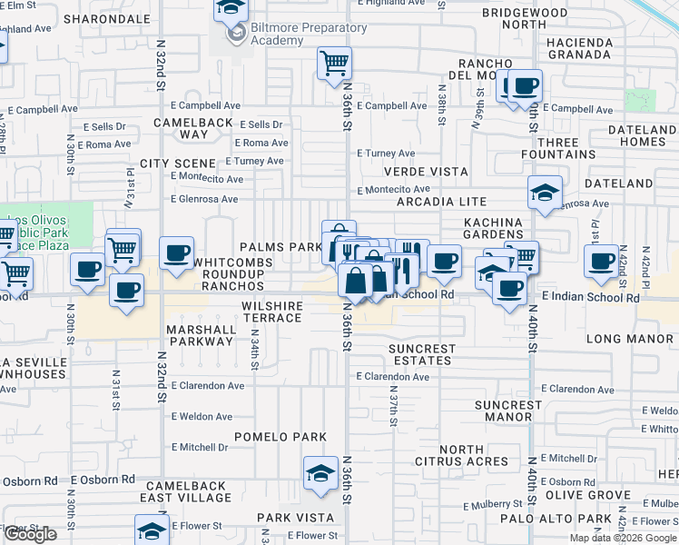 map of restaurants, bars, coffee shops, grocery stores, and more near 4135 North 35th Way in Phoenix