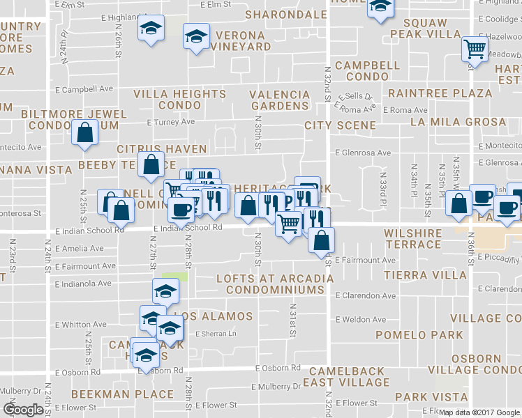 map of restaurants, bars, coffee shops, grocery stores, and more near 3033 East Devonshire Avenue in Phoenix