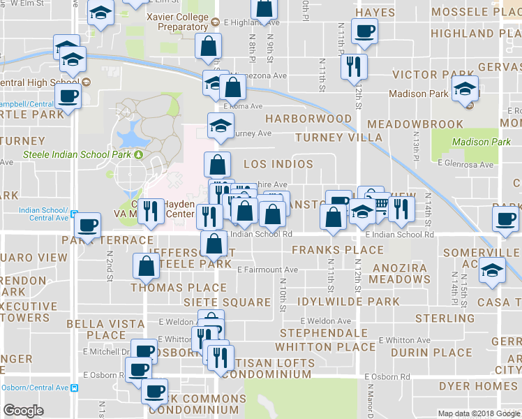 map of restaurants, bars, coffee shops, grocery stores, and more near 4201 North 9th Street in Phoenix