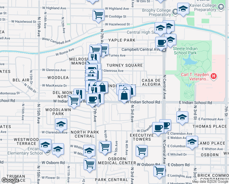map of restaurants, bars, coffee shops, grocery stores, and more near 4151 4th Avenue Northwest in Phoenix