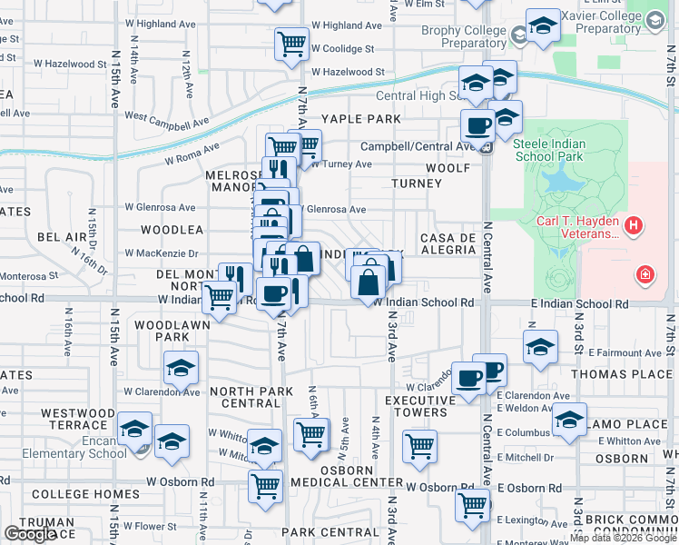 map of restaurants, bars, coffee shops, grocery stores, and more near 4151 4th Avenue Northwest in Phoenix