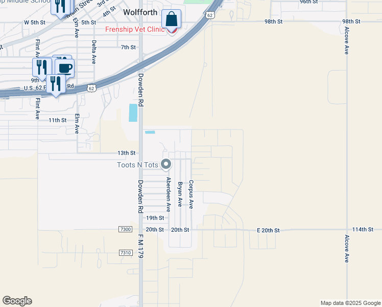 map of restaurants, bars, coffee shops, grocery stores, and more near 1313 Corpus Ave in Wolfforth