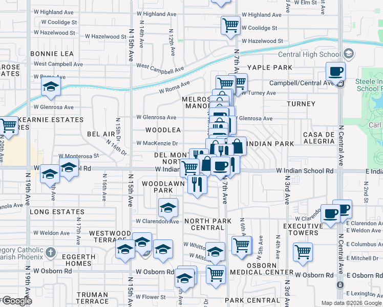 map of restaurants, bars, coffee shops, grocery stores, and more near 934 West Monterosa Street in Phoenix