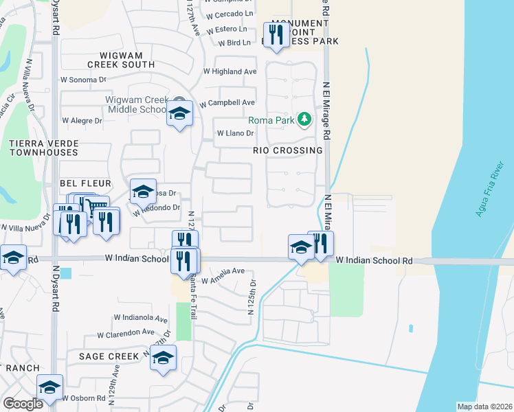 map of restaurants, bars, coffee shops, grocery stores, and more near 12511 West Glenrosa Drive in Litchfield Park