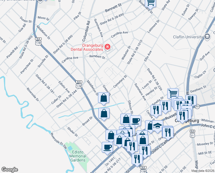 map of restaurants, bars, coffee shops, grocery stores, and more near 320 Wade Court in Orangeburg