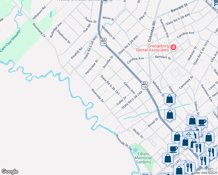map of restaurants, bars, coffee shops, grocery stores, and more near 918 Carolina Avenue in Orangeburg