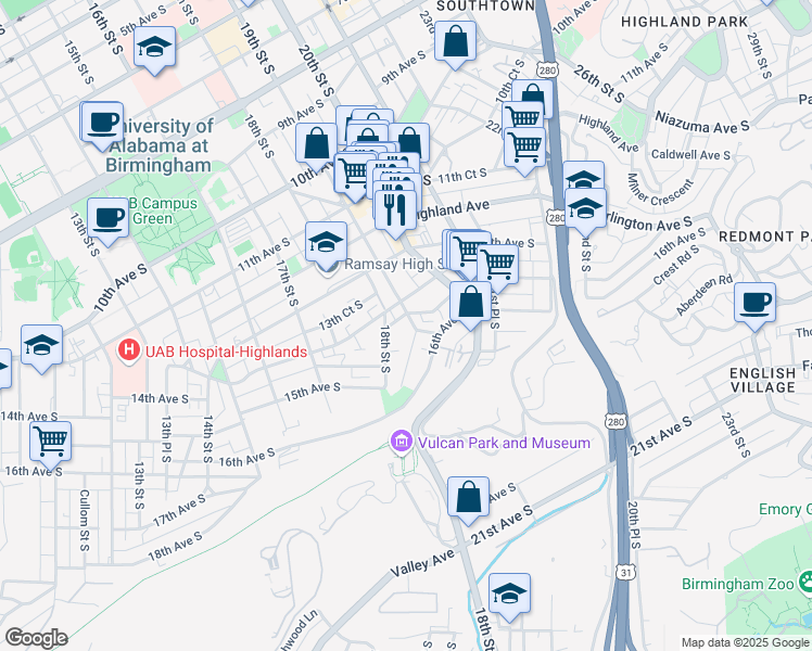 map of restaurants, bars, coffee shops, grocery stores, and more near 1901 14th Avenue South in Birmingham
