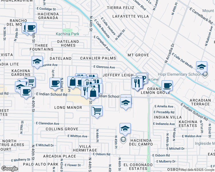 map of restaurants, bars, coffee shops, grocery stores, and more near 4502 East Indian School Road in Phoenix