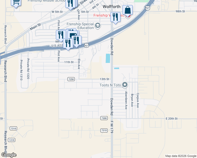 map of restaurants, bars, coffee shops, grocery stores, and more near C R 7250 in Wolfforth