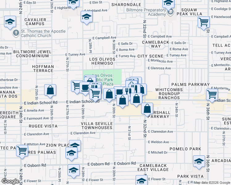 map of restaurants, bars, coffee shops, grocery stores, and more near 3033 East Devonshire Avenue in Phoenix