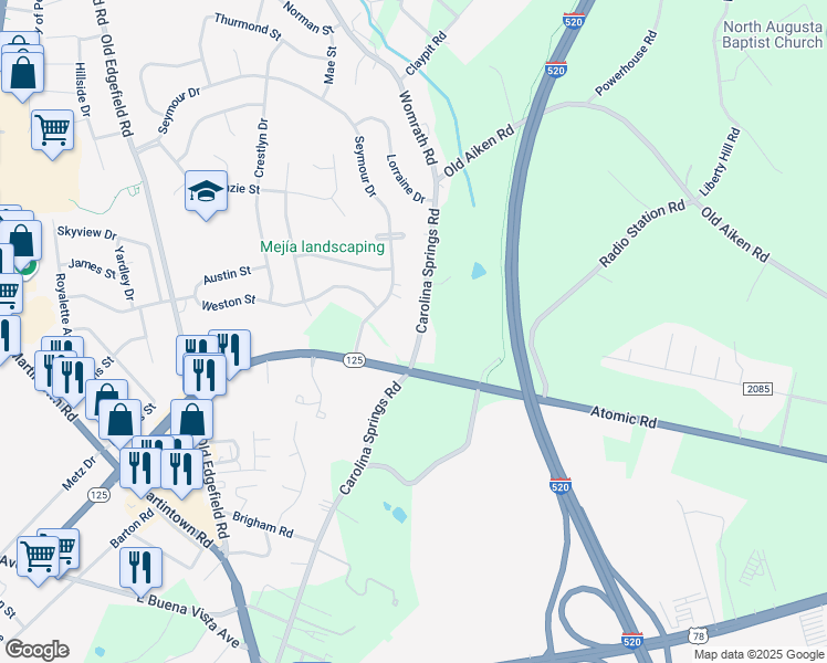 map of restaurants, bars, coffee shops, grocery stores, and more near 612 Carolina Springs Road in North Augusta