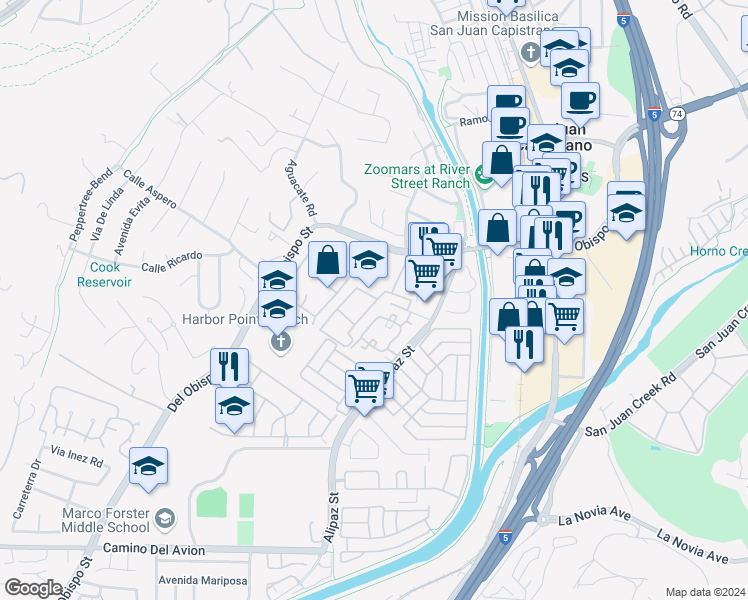 map of restaurants, bars, coffee shops, grocery stores, and more near 26406 Paseo Pamela in San Juan Capistrano