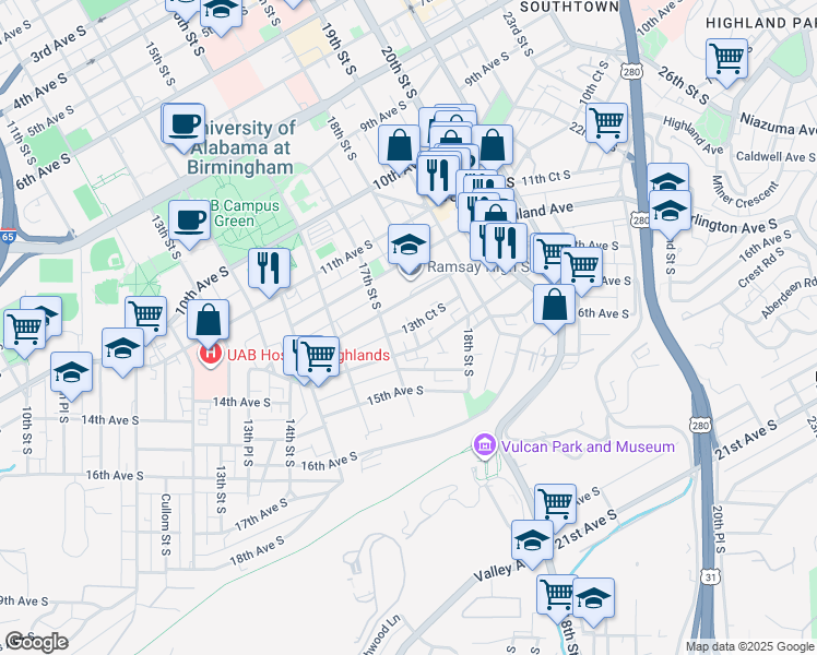 map of restaurants, bars, coffee shops, grocery stores, and more near 1705 13th Avenue South in Birmingham