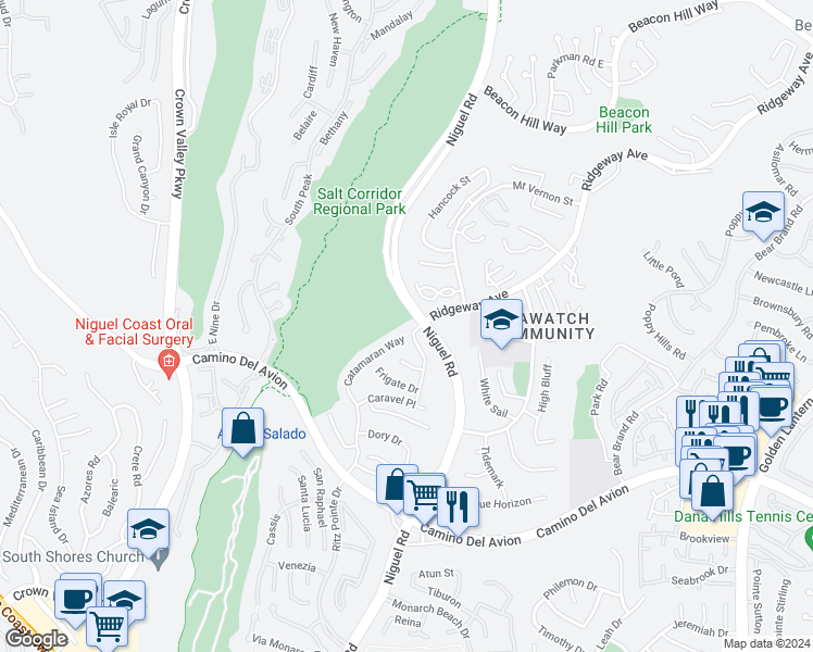 map of restaurants, bars, coffee shops, grocery stores, and more near 24011 Catamaran Way in Laguna Niguel