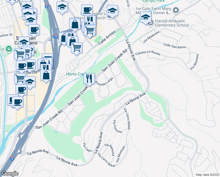 map of restaurants, bars, coffee shops, grocery stores, and more near 32213 Via Barrida in San Juan Capistrano