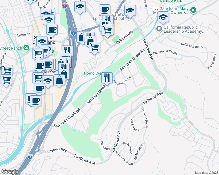 map of restaurants, bars, coffee shops, grocery stores, and more near 32120 San Juan Creek Road in San Juan Capistrano