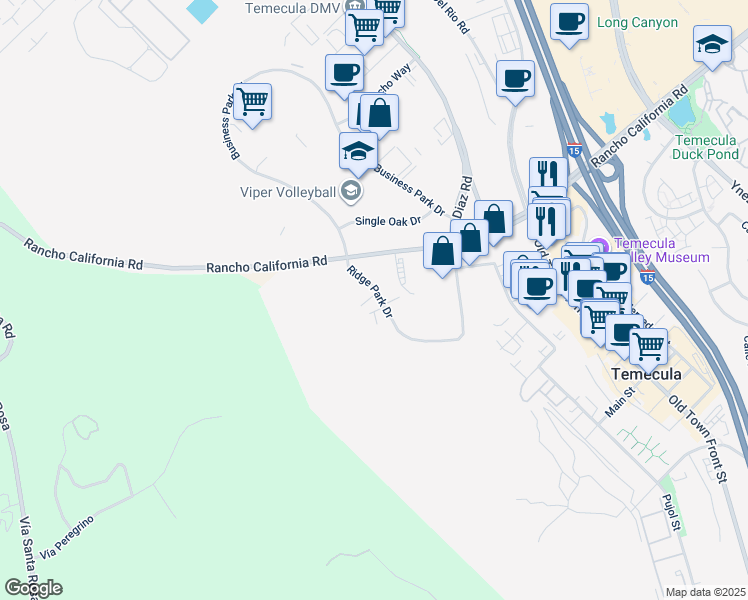map of restaurants, bars, coffee shops, grocery stores, and more near 43517 Ridge Park Drive in Temecula