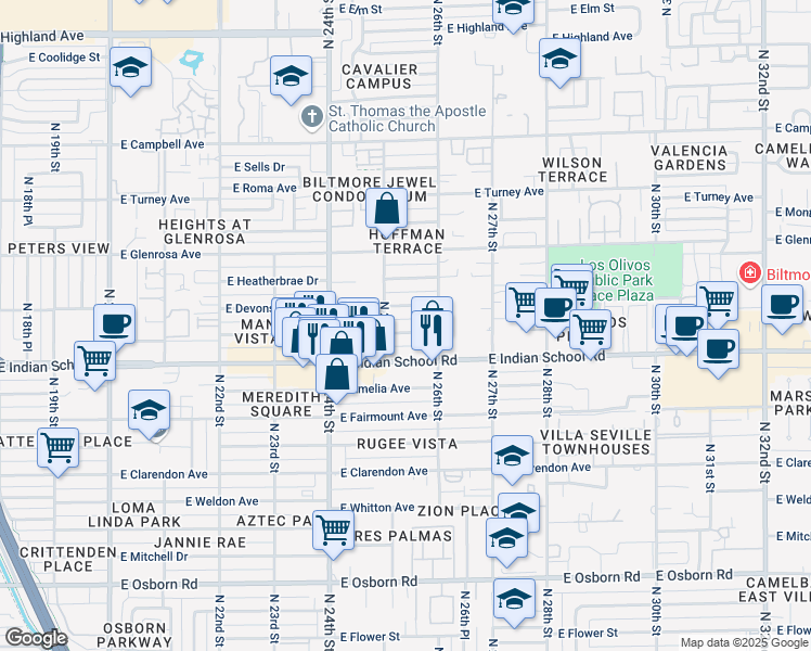 map of restaurants, bars, coffee shops, grocery stores, and more near 2513 East Devonshire Avenue in Phoenix