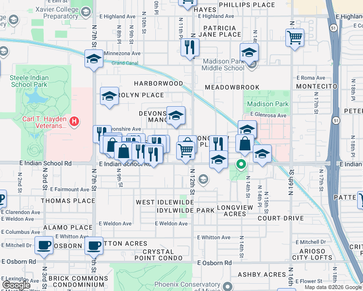 map of restaurants, bars, coffee shops, grocery stores, and more near 4145 North Mitchell Street in Phoenix