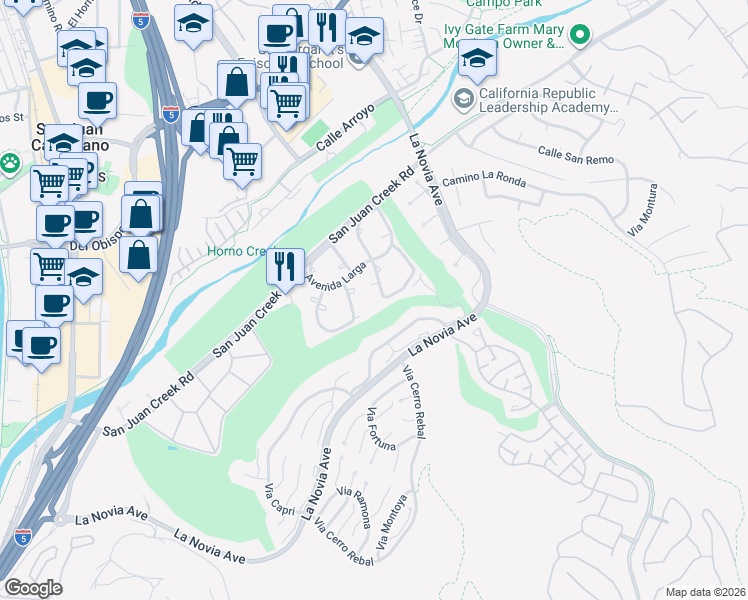 map of restaurants, bars, coffee shops, grocery stores, and more near 32097 Via Buena in San Juan Capistrano