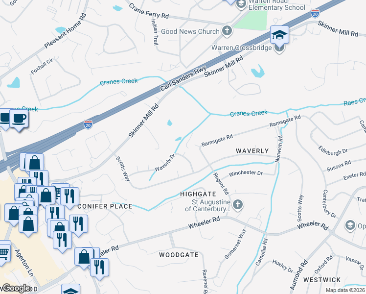 map of restaurants, bars, coffee shops, grocery stores, and more near 443 Waverly Drive in Augusta