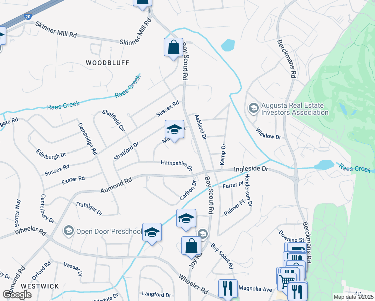 map of restaurants, bars, coffee shops, grocery stores, and more near 415 Boy Scout Road in Augusta