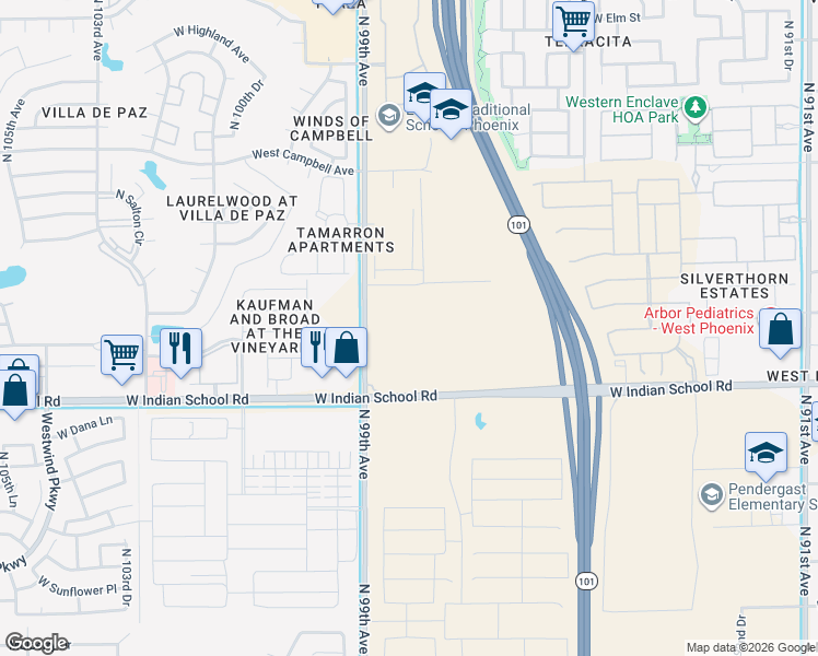 map of restaurants, bars, coffee shops, grocery stores, and more near 4225 North 99th Avenue in Phoenix