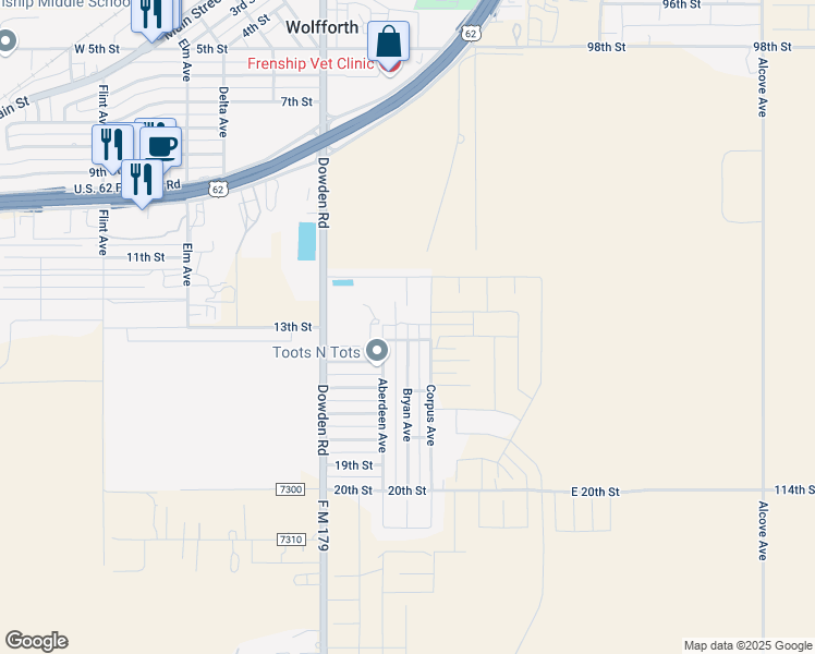 map of restaurants, bars, coffee shops, grocery stores, and more near 1301 Bryan Ave in Wolfforth