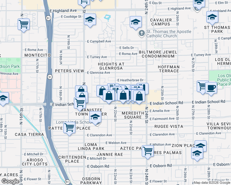 map of restaurants, bars, coffee shops, grocery stores, and more near 4120 North 22nd Street in Phoenix